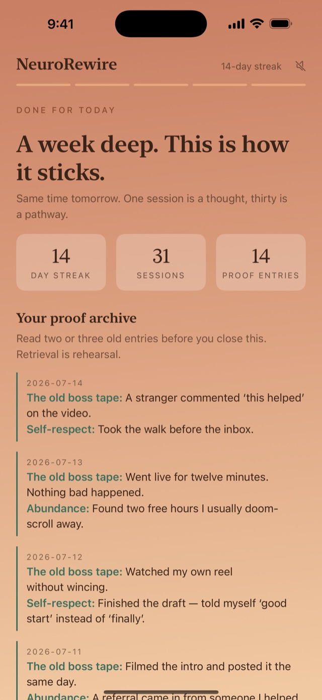 The done screen at dawn: a fourteen-day streak above the proof archive
